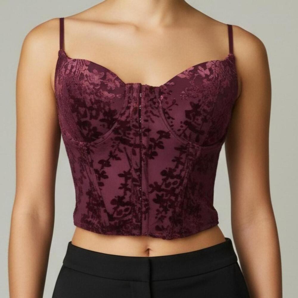NWT Lulus Burgundy Velvet Floral Cropped Bustier Corset Top Size M